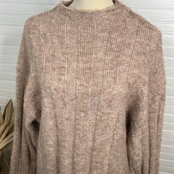 Topshop Women's XS Beige Oversized Funnel Neck Wide Rib Mini Dress Long Sleeve - Picture 3 of 11